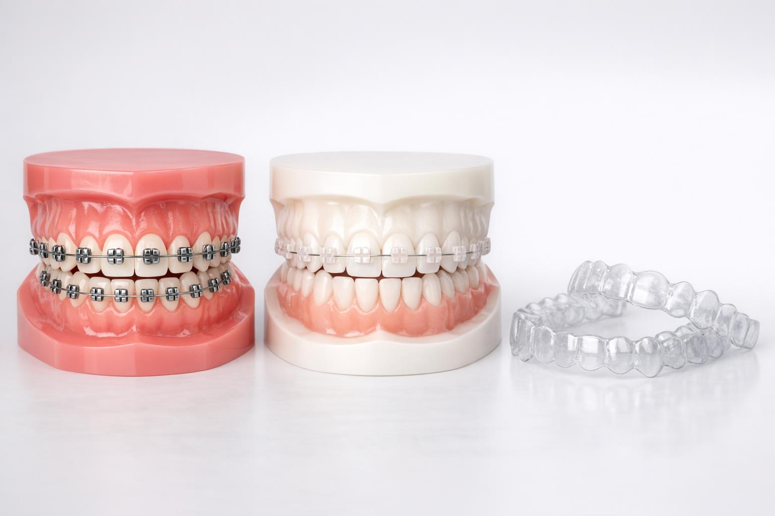 Różne rodzaje aparatów ortodontycznych: metalowy, ceramiczny, alignery