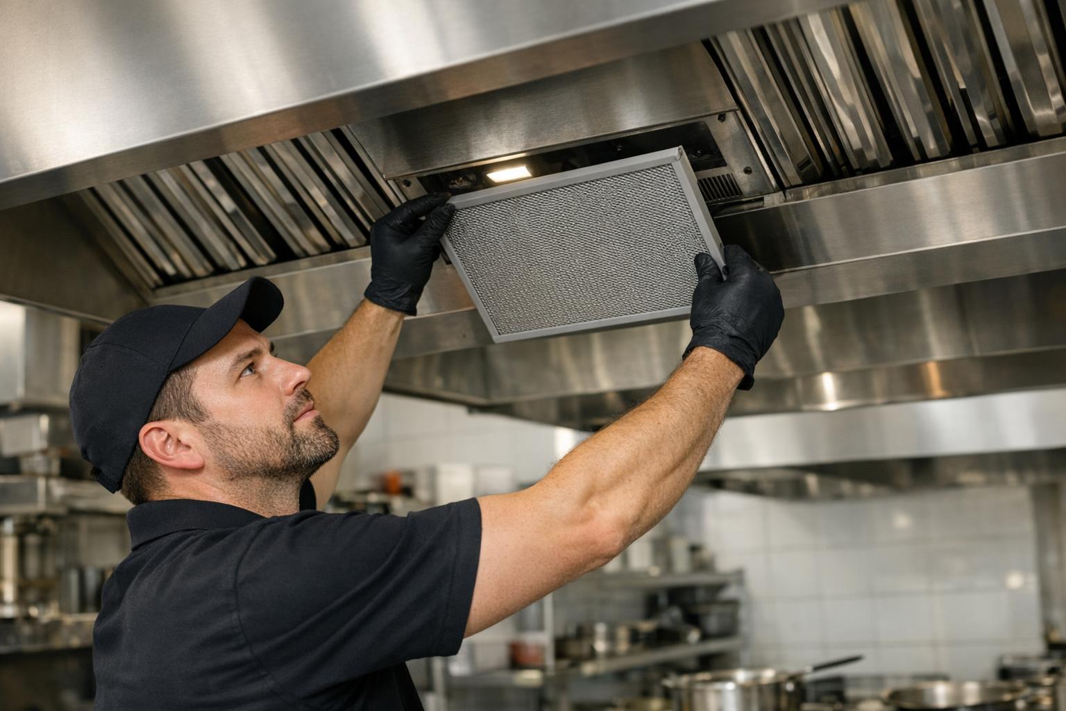 Zdjęcie: technik montujący filtr do okapu w restauracyjnej kuchni